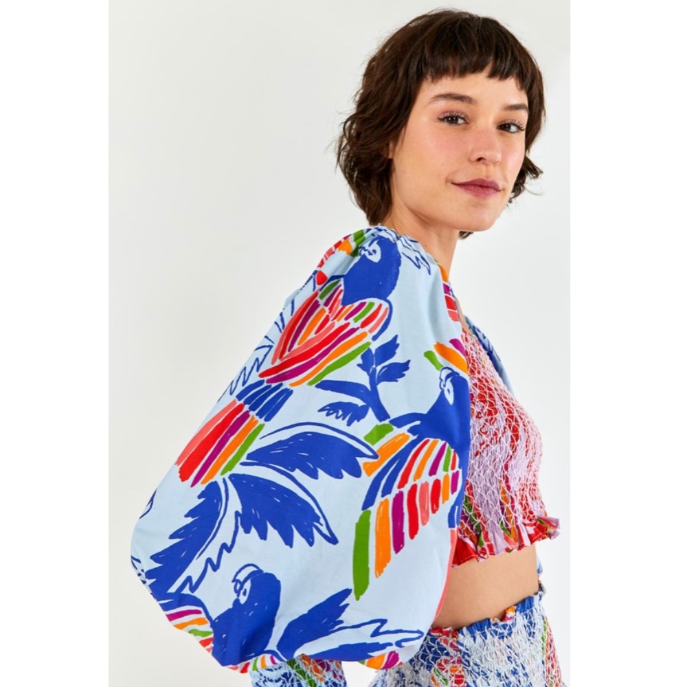 Farm Rio Mixed Print Smocked Cotton Crop Top Puff Sleeve Medium NWT - Picture 5 of 12